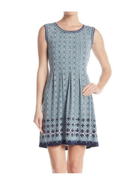 Max Studio Fit Flare Pintucked Waist Printed Dress Navy/Yellow M/L